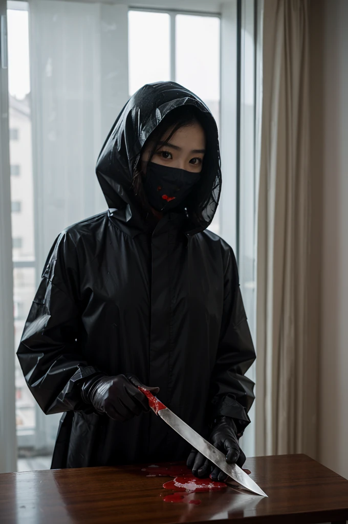 korean girl, (behind corpse, surgical mask), blood splatter, holding knife, stabbing, black gloves, room full of blood, transparent raincoat, hood up, holding knife, black gloves, behind corpse, short hair, night, mass murderer, robbery, in the hotel, light from the window