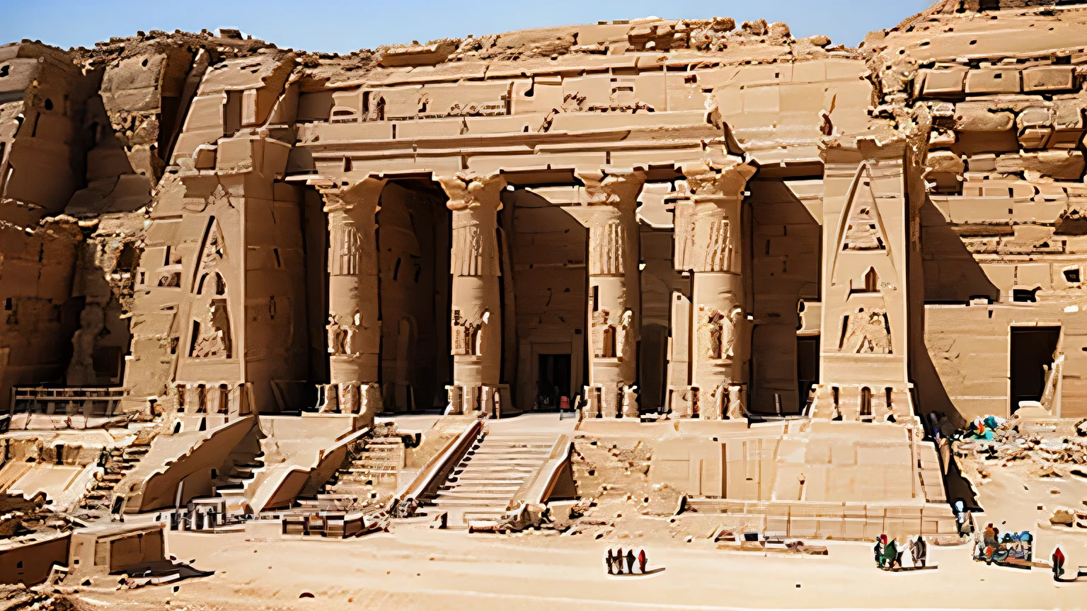 The construction of the Abu Simbel temples, with workers diligently building and Ramesses II overseeing the progress, indicating his long-term commitment and perseverance.