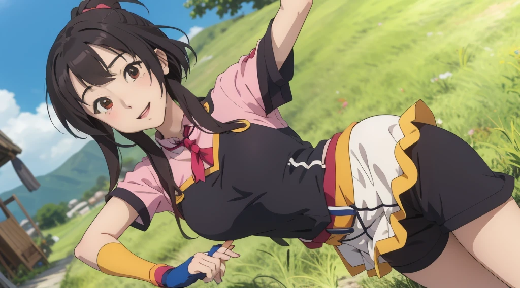 Skinny Megumi: A Masterpiece by Fan Art
This artwork features the main character from the popular anime series "Konosuba," Megumi. She stands in a distinctive pose, wearing her iconic outfit. Her eyes are wide and expressive, conveying a sense of joy and friendliness through her radiant smile.
The artist has captured Megumi's carefree spirit with her relaxed posture and careless attitude. Her left arm is slightly raised and bent at the elbow, with the palm facing forward. In her right hand, she holds a smartphone, which is lowered and resting comfortably.
To emphasize the cheerful atmosphere of the scene, the background has been designed to be bright and vibrant. This creates a delightful contrast with Megumi's more subdued outfit. Overall, this artwork is a true masterpiece that captures the essence of Megumi's character and the joyful energy of the anime.