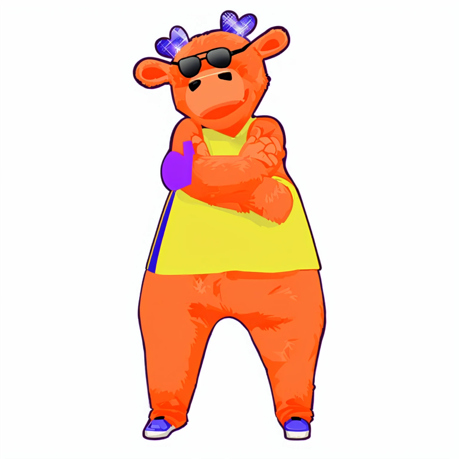 Wear a shirt、Wearing sunglasses、cartoon bear with crossed arms, Full body mascot, ( bear wearing sunglasses, dancing character, Created using Adobe Illustrator, Teddy Fresh, Orange body, Created using Adobe Illustrator, Cartoon shading:15, Official Art, Merge roles, an anthropomorphic deer, Official illustrations, Full body clothing, Low resolution, posture