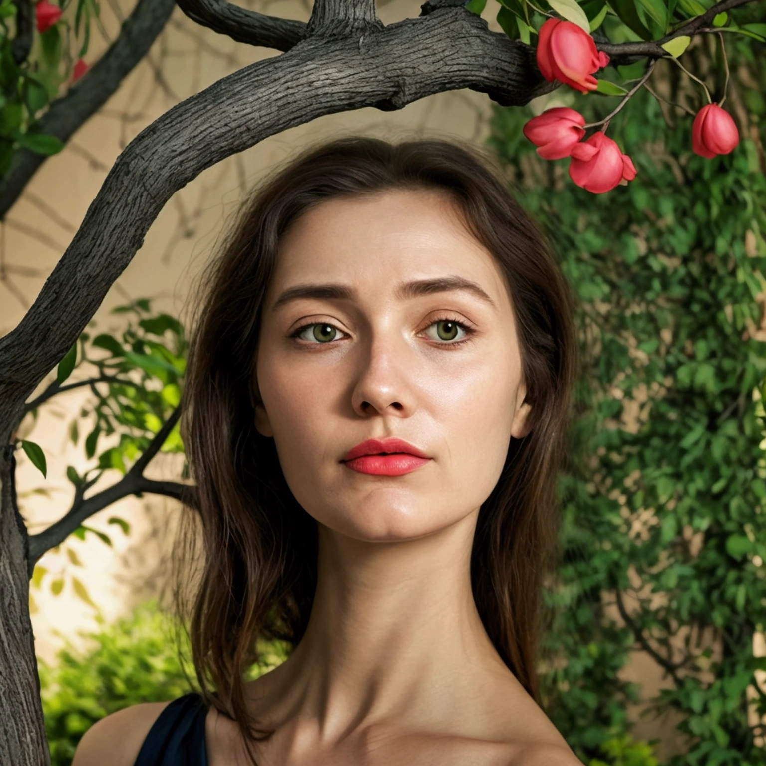 floating head stuck in the branches of a tree, expression of pain and agony, surrealist and contemporary image. garden of time background