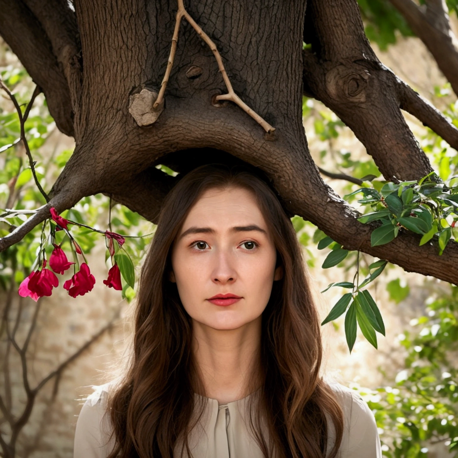 floating head stuck in the branches of a tree, expression of pain and agony, surrealist and contemporary image. garden of time background