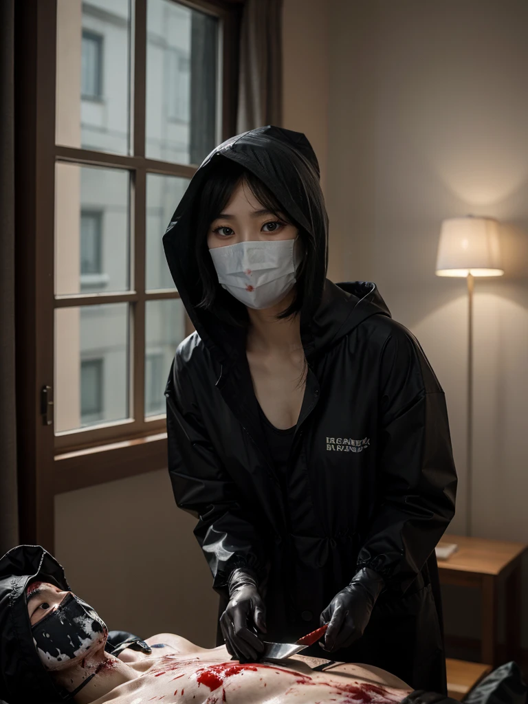 korean girl, (behind corpse, surgical mask), blood splatter, holding knife, stabbing, black gloves, room full of blood, transparent raincoat, hood up, trucker hat, holding knife, black gloves, behind corpse, short hair, night, mass murderer, robbery, in the hotel, light from the window
