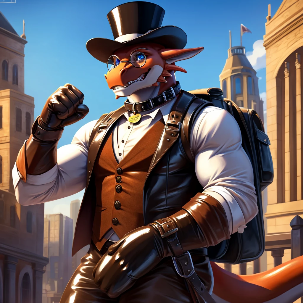 Solo, Male, muscular, gentleman, dapper Professor Dragon with biceps, blue eyes, (posing:1.3), (soft shading), 4k, hi res, ((detailed face, detailed)), looking at viewer, mouth wide open, steampunk, collared shirt with buttons, top hat, male focus, Explorer Outfit, glasses, monocle, bag, vest with buttons, backpack, sleeves rolled up, round eyewear, brown headwear, brown vest, Dragon is wearing a glossy leather dog collar around the neck, Dragon is wearing the leather collar and shirt and vest at the same time, Dragon is wearing glossy white rubber gloves on the hands, wearing white rubber gloves on the feet, gloves are rubber in texture, clenching teeth, clenching fists, leather collar is glossy and shiny with a lot of detail, Dragon is wearing gloves and leather collar at the same time, leather collar has a round dog-tag, leather collar is thick and detailed.