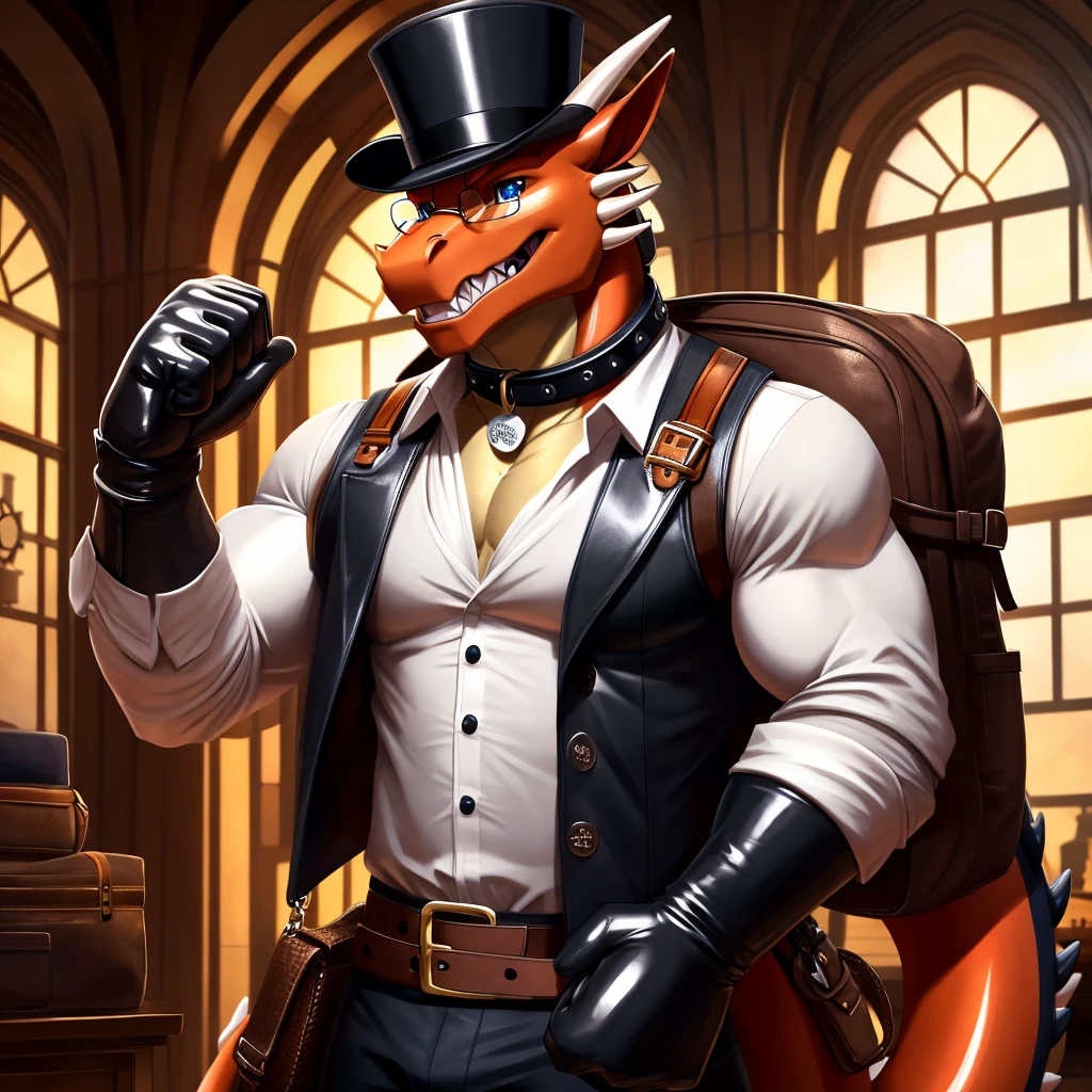 Solo, Male, muscular, gentleman, dapper Professor Dragon with biceps, blue eyes, (posing:1.3), (soft shading), 4k, hi res, ((detailed face, detailed)), looking at viewer, mouth wide open, steampunk, collared shirt with buttons, top hat, male focus, Explorer Outfit, glasses, monocle, bag, vest with buttons, backpack, sleeves rolled up, round eyewear, brown headwear, brown vest, Dragon is wearing a glossy leather dog collar around the neck, Dragon is wearing the leather collar and shirt and vest at the same time, Dragon is wearing glossy white rubber gloves on the hands, wearing white rubber gloves on the feet, gloves are rubber in texture, clenching teeth, clenching fists, leather collar is glossy and shiny with a lot of detail, Dragon is wearing gloves and leather collar at the same time, leather collar has a round dog-tag, leather collar is thick and detailed.