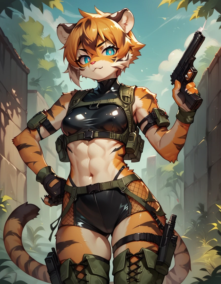 score_9, score_8_up) score_7_up, score_6_up, solo, tiger, kemono, anthro, cute, short hair, blue eyes, white pupils, sexy pose, orange fur, tactical harness, croptop, thigh high boots, assassin girl, mesh body suit, tactical gloves, latex, small breasts, outside, pistol, tusk,
