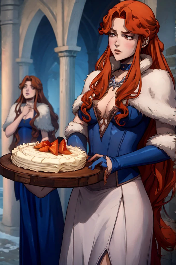 Lenore from Castlevania, Sexy vampire girl with orange hair  holds a cake with "one hundred" written on it, nude , blue choker, blue stockings