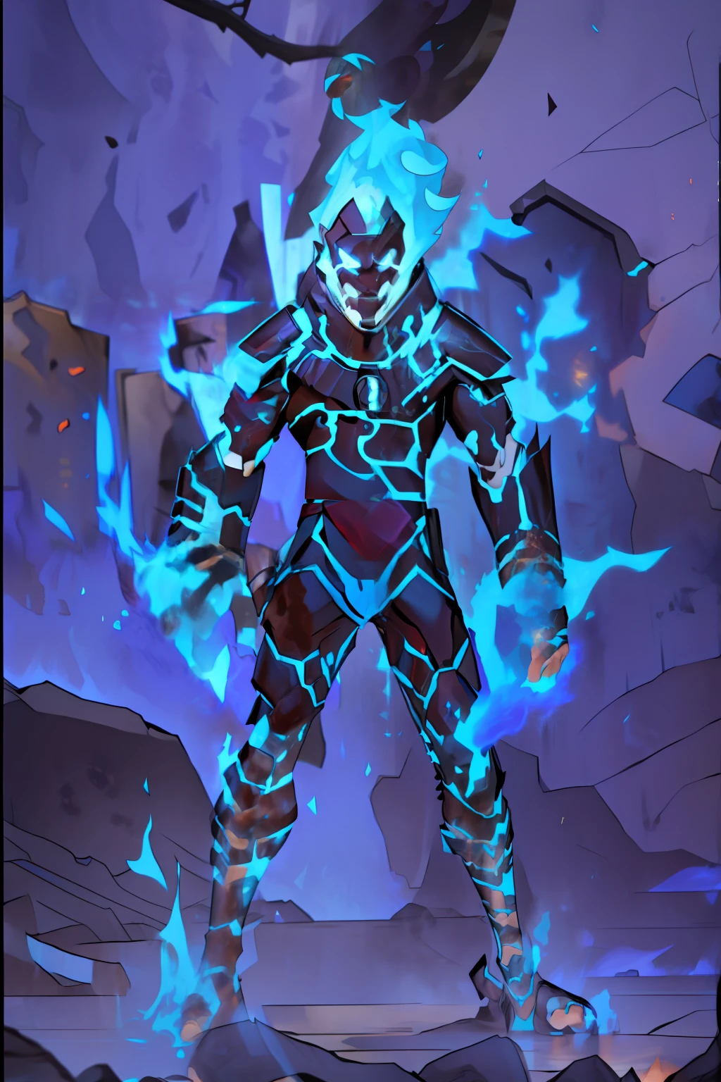 heatblast, detailed background, with blue fire/flames girl body composed of blue flames covered in molten black rock, Blue hands and blue head flames/fire, masterpiece, best quality, Heatblast from Ben 10, B blue night, blue fire, semi-realistic, high-quality illustration, dynamic action pose, overcharged with power, berserker state, fiery explosions, blue flames erupting from body, glowing with intense energy, fierce expression, angry, powerful stance, vibrant colors, detailed armor with glowing lava-like lines blue, cinematic lighting, sparks and embers flying, dramatic atmosphere, high detail, epic background, intense fire and energy effects, surrounded by a fiery aura, glowing eyes, heatwaves, energy bursts, Heatblast, realistic blue fire textures, highly detailed environment, high resolution, powerful and dramatic scene, full-body shot, intense focus on blue flames and power emanating from the character, vivid contrast, highly detailed muscle definition, armor texture, blue flames mixed with normal fire colors, aggressive and violent expulsion of fire, character standing out prominently in the scene, style similar to provided reference image, intense and chaotic energy, swirling blue flames, radiant and powerful, intricate details in fire and armor, energetic and intense pose, exaggerated fiery effects, powerful glow surrounding character, sparks and lightning-like energy, molten and fiery ground beneath, intense heat waves, high contrast between blue flames and background, glowing hot spots on armor, hyper-detailed fiery texture, r1ge, heatblast, Fire background, (fire particles: 1.3)