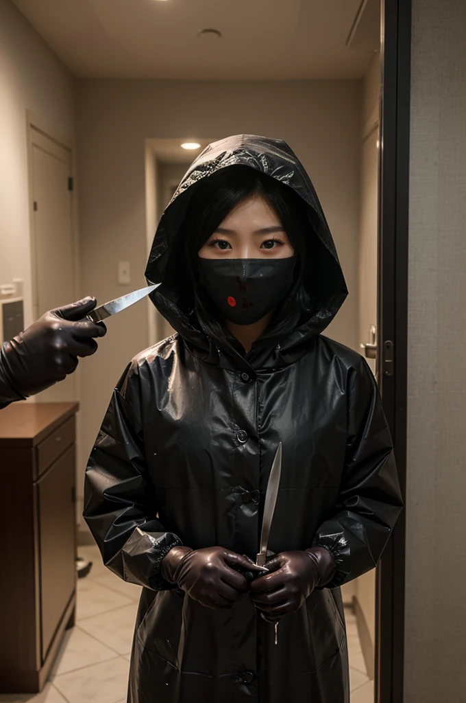 korean girl, (behind corpse, surgical mask), blood splatter, holding knife, stabbing, black gloves, room full of blood, transparent raincoat, hood up, holding knife, black gloves, behind corpse, short hair, night, mass murderer, robbery, in the hotel,