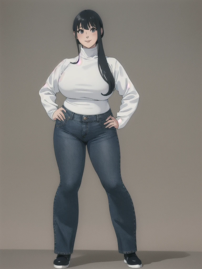 height 150cm, thick lips, Bow legs, Beautiful face but chubby face, Chubby Yor briar, Hands on hips, Stand up straight, ((Full body)), (low head 1.5), A little chubby body type and small breasts, masterpiece, tight denim pants, ((small breasts)), thick legs++, Full body+, Solo, Swollen face, 1 woman, (white long sleeve tutleneck 1.5,) (tight turtle neck 1.5), white turtle neck, navy blue Denim pants, thick thighs, low rise navy blue denim pants, solo, simple background, masterpiece, best quality, black hair, A chubby figure that seems real, smile, High saturation