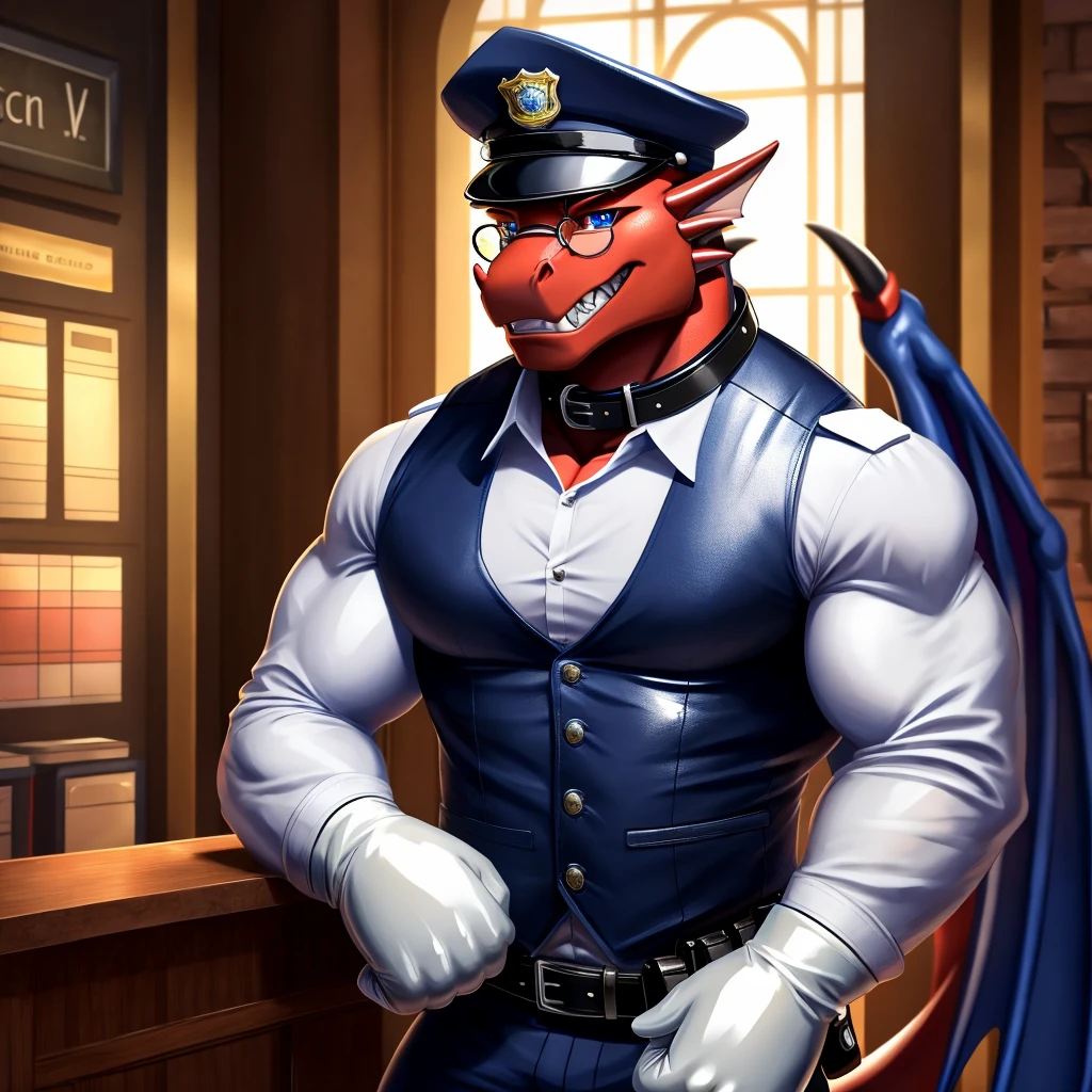 Solo, Male, fat, squatting, extremely obese, gentleman, dapper Dragon, blue eyes, (soft shading), 4k, hi res, ((detailed face, detailed)), looking at viewer, evil grin, police station, collared shirt with buttons, hat, male focus, Police Uniform, glasses, monocle, vest with buttons, sleeves rolled up, round eyewear, headwear, vest, Dragon is wearing a glossy leather dog collar around the neck, Dragon is wearing the leather collar and shirt and vest at the same time, Dragon is wearing glossy white rubber gloves on the hands, wearing white rubber gloves on the feet, Dragon is wearing glossy white cuffs around the wrists with cufflinks, gloves are rubber in texture, clenching teeth, clenching fists, leather collar is glossy and shiny with a lot of detail, Dragon is wearing gloves and cuffs and cufflinks at the same time, leather collar has a round dog-tag, leather collar is thick and detailed.