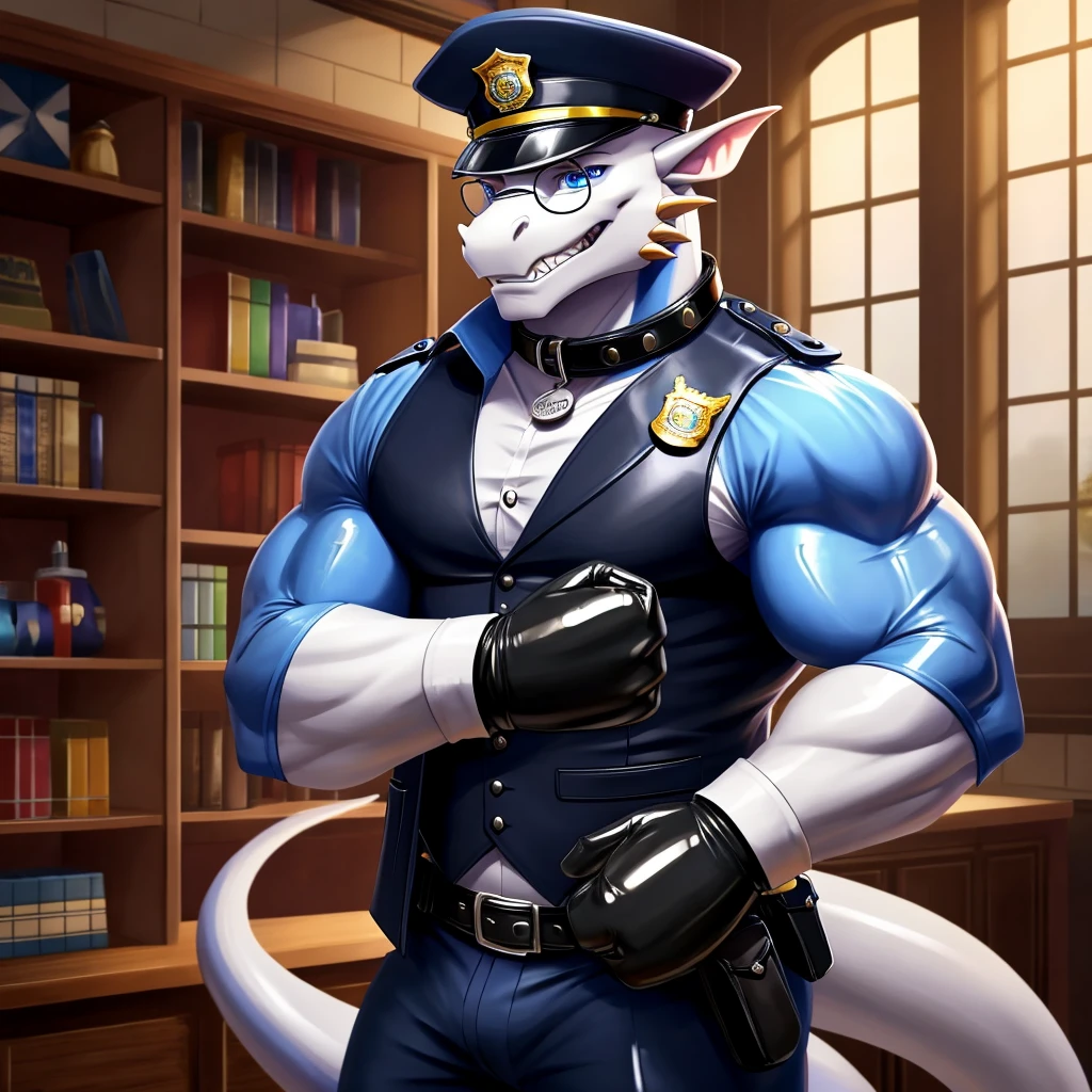 Solo, Male, muscular, gentleman, dapper Dragon with biceps, blue eyes, (soft shading), 4k, hi res, ((detailed face, detailed)), looking at viewer, evil grin, police station, collared shirt with buttons, hat, male focus, Police Uniform, glasses, monocle, vest with buttons, sleeves rolled up, round eyewear, headwear, vest, Dragon is wearing a glossy leather dog collar around the neck, Dragon is wearing the leather collar and shirt and vest at the same time, Dragon is wearing glossy white rubber gloves on the hands, wearing white rubber gloves on the feet, gloves are rubber in texture, clenching teeth, clenching fists, leather collar is glossy and shiny with a lot of detail, Dragon is wearing gloves and leather collar at the same time, leather collar has a round dog-tag, leather collar is thick and detailed, white rubber gloves on the feet.