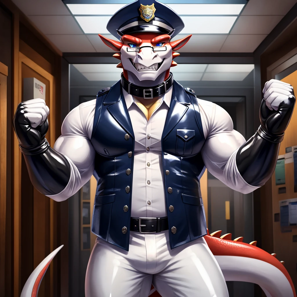 POV,top angle,sleep on stomach,lats,trapezius,butt lift,kemono, anthro (red dragon), male, (red dragon), muscular,back, red back,redbody,white belly,sweat,((correct anatomy)), collar dog, police hat, black jockstrap, underwear bulge, in the police office, pain expression,canine tooth,hd, dark shadows, wide dynamic range, hdr, low light:1.2, front view, by null-ghost,by lindong, full body, canid, canine, canis, domestic red dragon, dragon, mammal, nordic sled dragon, fullbody, full res, selfie, smile, 1 boy, solo, full body, black sprot shoes, 1 boy, solo, mouth sucking cock, 2 penis close on face, put cock close face, tongue out, cock into mouth, 5 big cock behind back, put cock on face, tongue out, many 5 cocks Surround face, kneel,  erect penis, having sex