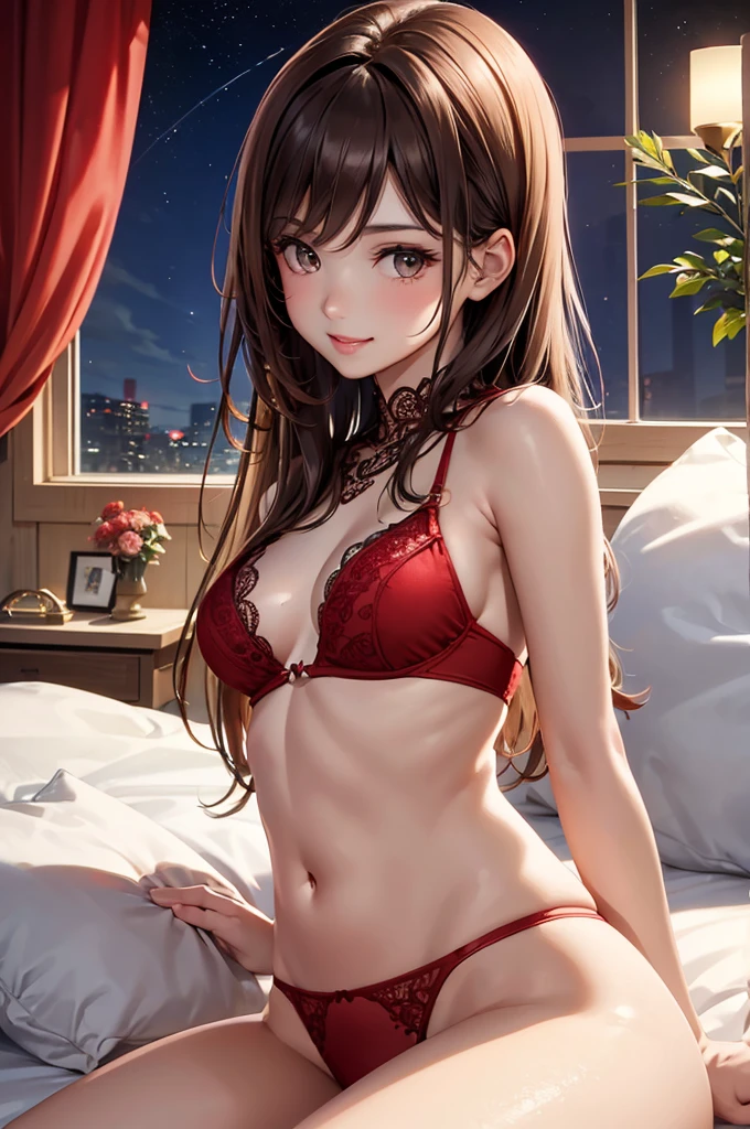 Best Quality,High resolution,8K,finelity detailed background,Masterpiece:1.2),beautiful girl,Shiny brown hair,crossed bangs,Brown eyes,Gentle look,A refreshing look,smile,Best quality,Best Quality,Aesthetic and aesthetic:1.2,Best details((Super detailed))(High-definition CG illustrations),Upper Body, Red underwear,(red intricate lace),Slender body,night,moon,Bedroom,On the bed,smile,blush,cute,Scrounge,Looking up,Being spoiled,super model,wariza,shoot from,below