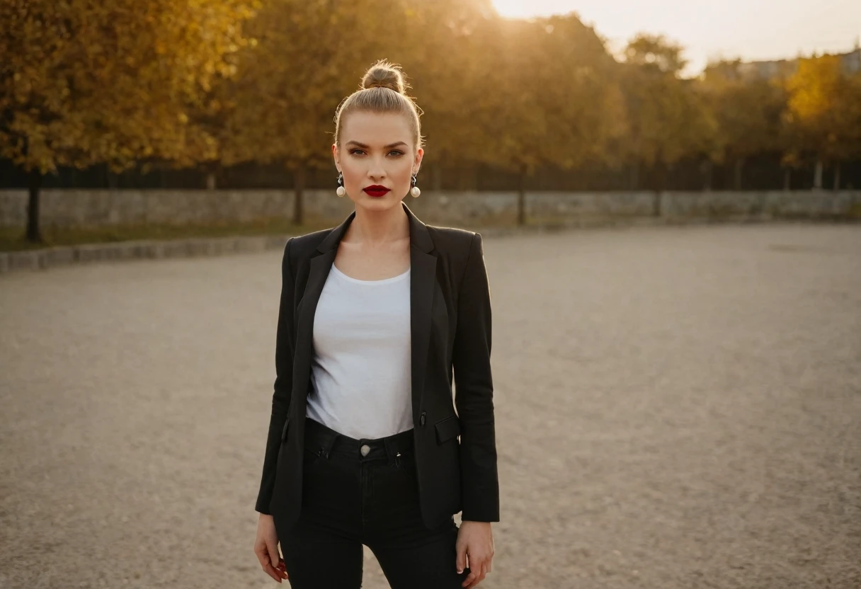 color digital photograph of Lucie Prochazka a woman from czech republic wearing (a black blazer), (a white t-shirt), (black skinny jeans), (black ankle boots), (pearl earrings), (red lipstick), (sleek ponytail) and Slingbacks shoes shot on Nikon Z9 by Denis Karasev, 26 years old, slavic woman, pale skin, long hair, tiny figure, promoting body positivity, small breasts, feeling (feeling Hate, Intense, Hostile, Aversion, Anger, Resentment, Disgust, Animosity, Hostility, Loathing, Malice, face: Scowl, Frown, Glare, Narrowed Eyes, Sneer, Lip Curl, Tense Jaw, Raised Eyebrows, Cold Stare, Contempt), at golden hour,full body, masterpiece, natural lighting, (outdoor setting:1.2), warm tones, side lighting, natural skin details, 4k, UHD, masterpiece, detailed eyes, detailed face, detailed skin, perfect hands, perfect feets, photo, high skin detail, moles, imperfect skin, ultra realism, RAW photo, subsurface scattering