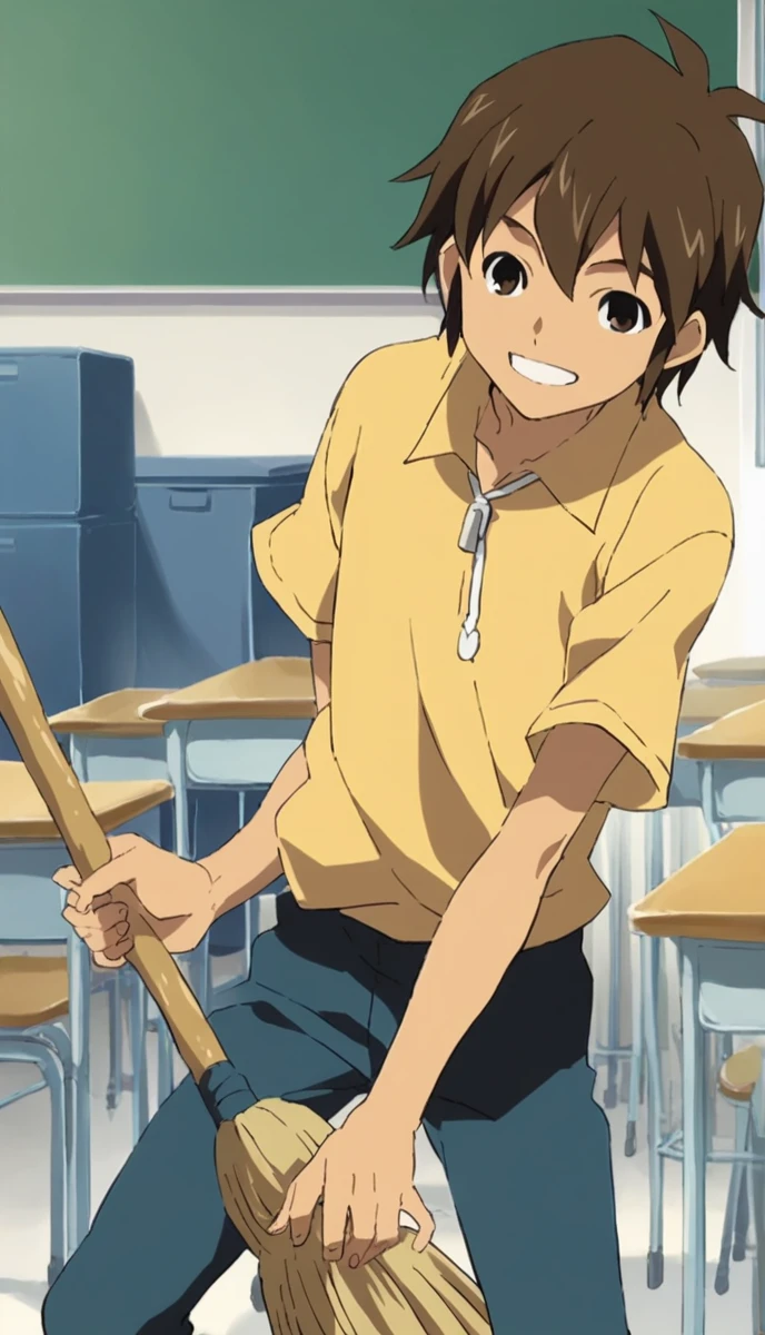 score_9, score_8_superior, score_7_superior, score_6_superior, score_5_superior, score_4_superior, sauce_anime, 1人のboy, Handa Shinichi, Brown Hair, Brown eyes, , Pause, View your viewers, score_9, score_8_superior, score_7_superior, score_6_superior, score_5_superior, score_4_superior, sauce_anime, 1人のboy, Handa Shinichi, Brown Hair, Brown eyes, Pause, anime, 一人のboy, Handa Shinichi, Brown Hair, Brown eyes, stop temporarily, smile, View your audience, Cartoon man with a broom, Man with a broom, 床をcleaningする, juvenile, doing hard work, Using a broom, High quality illustrations, , classroom、boy、cleaning、cleaning当番、housework、anime, 一人のboy, Handa Shinichi, Brown Hair, Brown eyes,stand、床をほうきでcleaningする、evening、1人のboy、Concept art illustration、The background is the main、evening