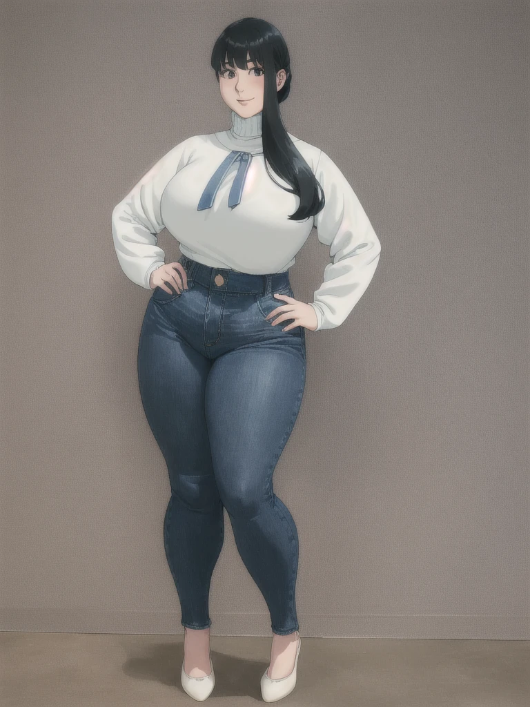 height 150cm, thick lips, Bow legs, Beautiful face but chubby face, Chubby Yor briar, Hands on hips, Stand up straight, ((Full body)), (low head 1.5), A little chubby body type and small breasts, masterpiece, tight denim pants, ((small breasts)), thick legs++, Full body+, Solo, Swollen face, 1 woman, (white long sleeve tutleneck 1.5,) (tight turtle neck 1.5), white turtle neck, navy blue Denim pants, thick thighs, low rise navy blue denim pants, solo, simple background, masterpiece, best quality, black hair, A chubby figure that seems real, smile, High saturation