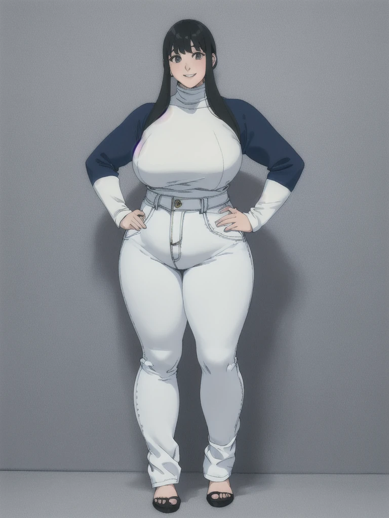 height 150cm, thick lips, Bow legs, Beautiful face but chubby face, Chubby Yor briar, Hands on hips, Stand up straight, ((Full body)), (low head 1.5), A little chubby body type and small breasts, masterpiece, tight denim pants, ((small breasts)), thick legs++, Full body+, Solo, Swollen face, 1 woman, (white long sleeve tutleneck 1.5,) (tight turtle neck 1.5), white turtle neck, navy blue Denim pants, thick thighs, low rise navy blue denim pants, solo, simple background, masterpiece, best quality, black hair, A chubby figure that seems real, smile, High saturation
