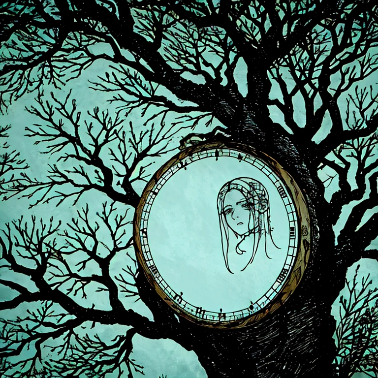 floating head stuck in the branches of a tree, expression of pain and agony, surrealist and contemporary image. garden of time background