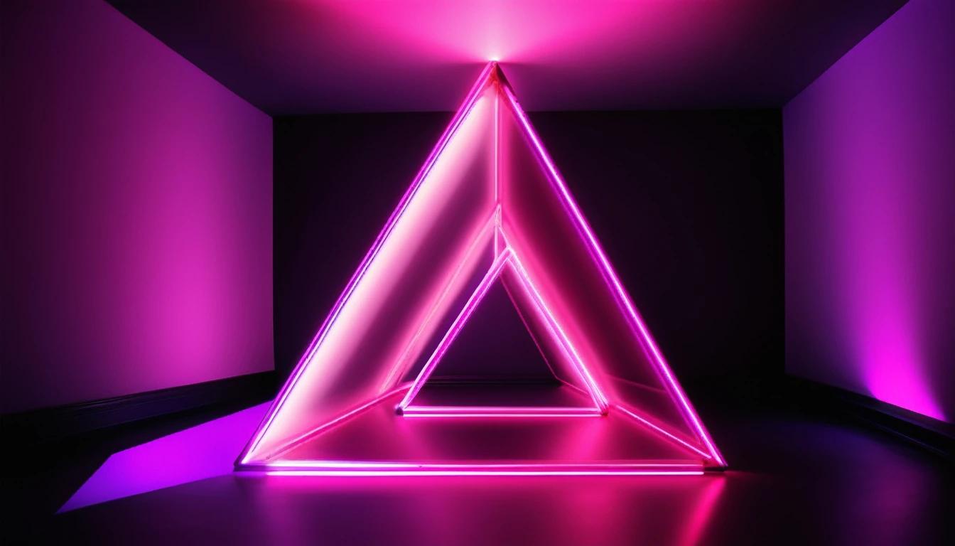 a triangle shaped neon light in a dark room , nonhuman, scenery, pink theme, purple theme, showy, abstract, triangle, cube, neon lights, fall