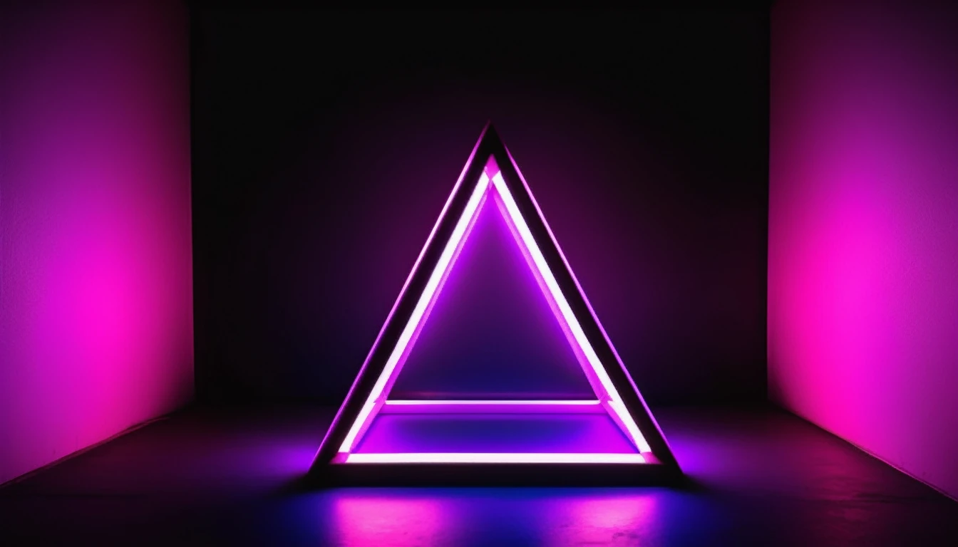 a triangle shaped neon light in a dark room , nonhuman, scenery, pink theme, purple theme, showy, abstract, triangle, cube, neon lights, fall