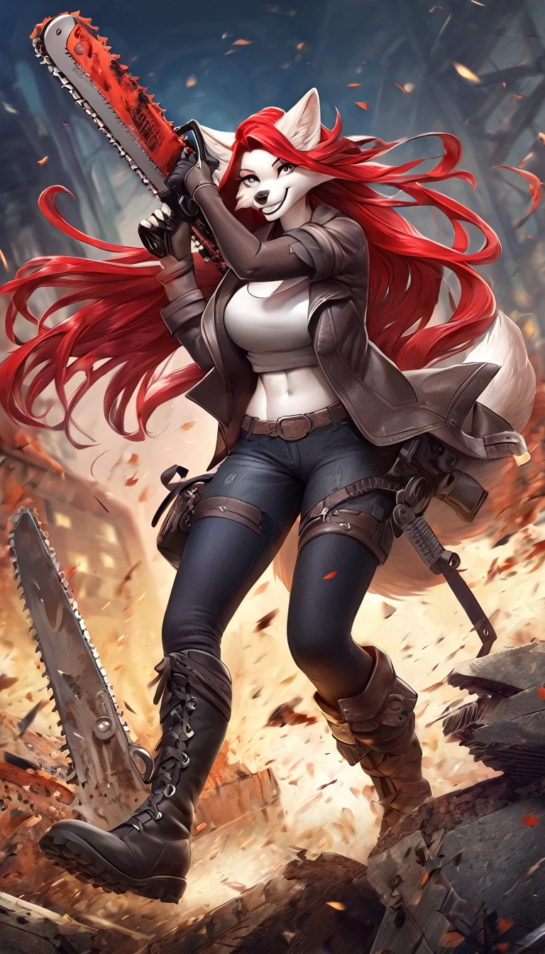 anime fantasy anthro style, a beautiful adventurer, (wolf with white fur), ((long red hair with black highlights)), open jacket over a loose t-shirt, short jeans shots, ripped tights, boots, hourglass body, mature beauty, (((posing with a big stylish chainsaw sword))), confident smile. Highly detailed, fantastic action scene