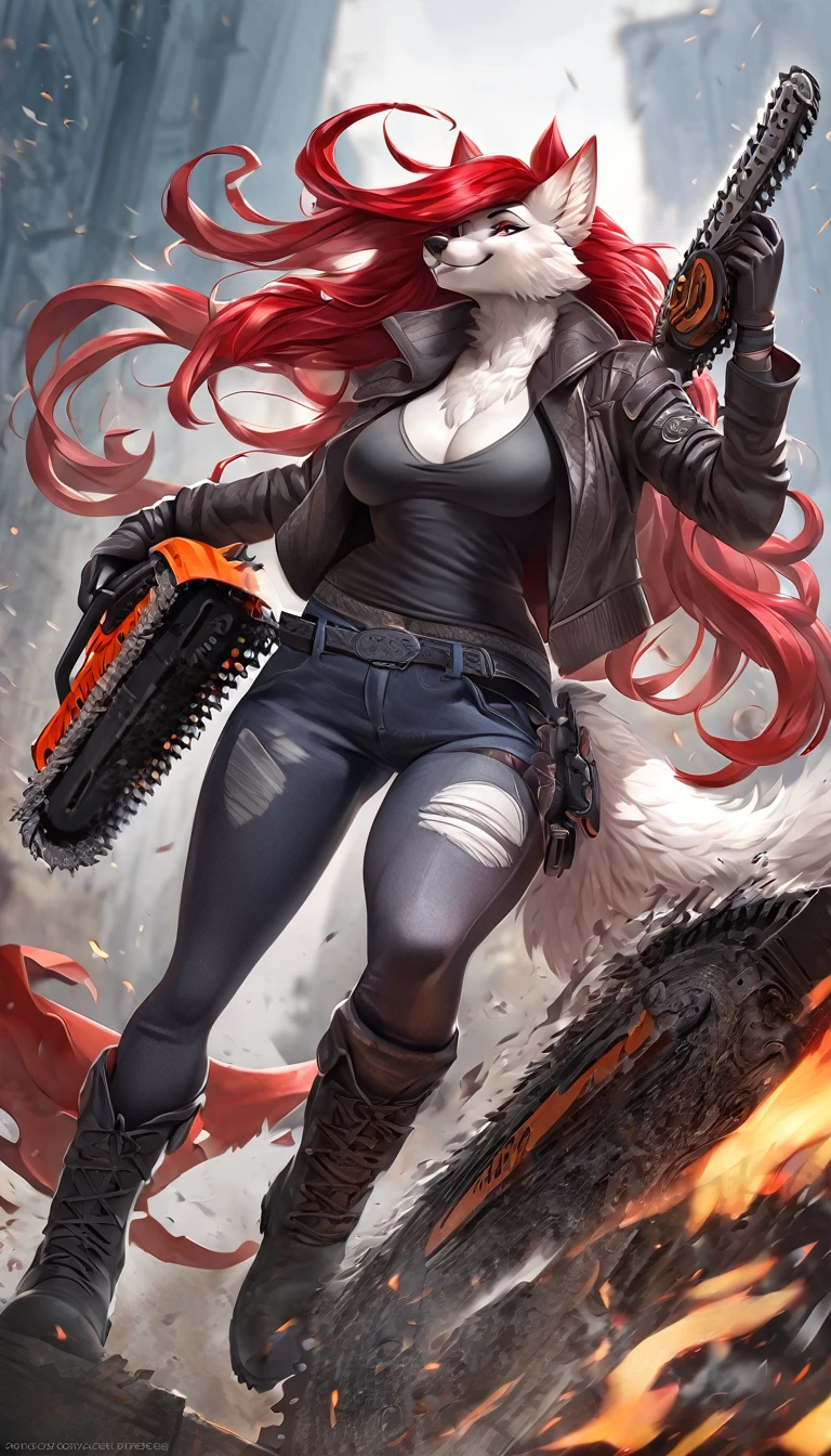 anime fantasy anthro style, a beautiful adventurer, (wolf with white fur), ((long red hair with black highlights)), open jacket over a loose t-shirt, short jeans shots, ripped tights, boots, hourglass body, mature beauty, (((posing with a big stylish chainsaw sword))), confident smile. Highly detailed, fantastic action scene