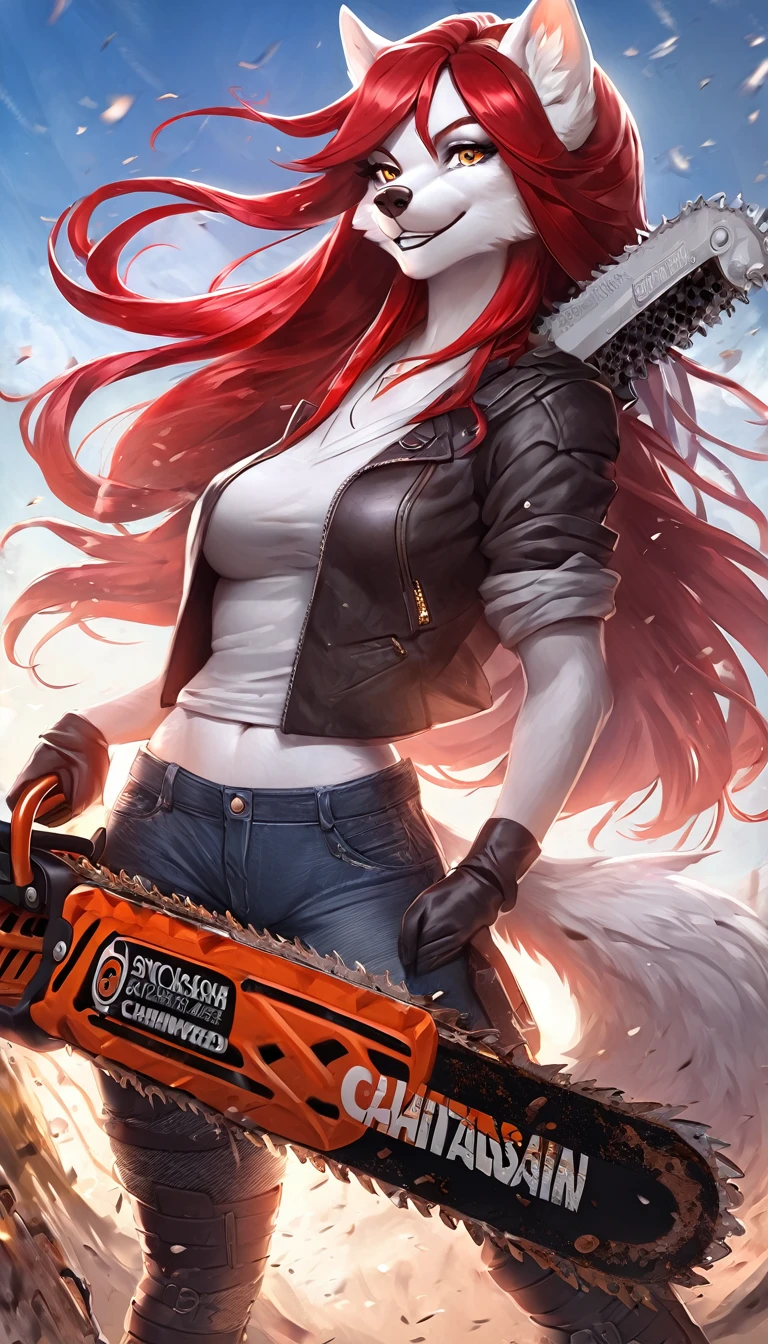 anime fantasy anthro style, a beautiful adventurer, (wolf with white fur), ((long red hair with black highlights)), open jacket over a loose t-shirt, short jeans shots, ripped tights, boots, hourglass body, mature beauty, (((posing with a big stylish chainsaw sword))), confident smile. Highly detailed, fantastic action scene