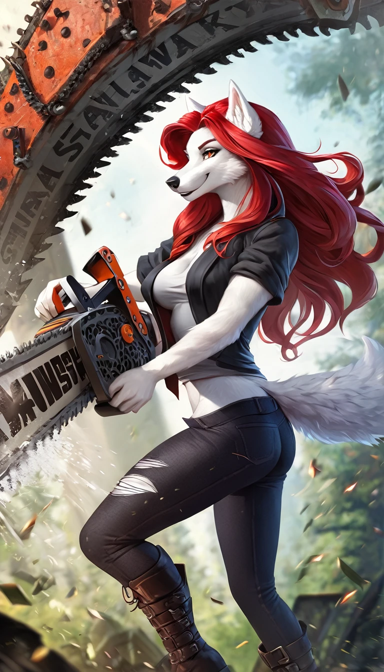 anime fantasy anthro style, a beautiful adventurer, (wolf with white fur), ((long red hair with black highlights)), open jacket over a loose t-shirt, short jeans shots, ripped tights, boots, hourglass body, mature beauty, (((posing with a big stylish chainsaw sword))), confident smile. Highly detailed, fantastic action scene