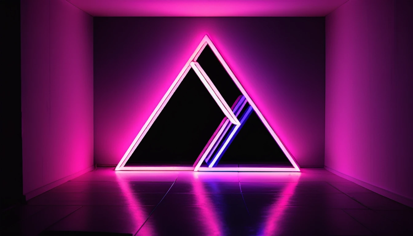 a triangle shaped neon light in a dark room , nonhuman, scenery, pink theme, purple theme, showy, abstract, triangle, cube, neon lights, fall