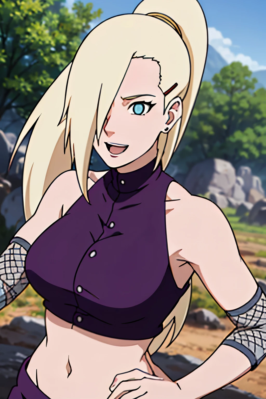 (dancing), Ino yamanaka, looking at the viewer, gorgeous, attractive, groin, cowboy shot, ultra detailed face, sunny day, day time, upper body view, anime style, solo, detailed flower field, blonde, (focus on face), ((one eye covered with hair, hair over eye, ponytail)), medium breasts, belly button, looking at the viewer, thick arms, (off-shoulders, wide shoulders, curving body), hidden eye, smile, open mouth, very happy, tall, hair clip, sharp look, sharp face, sharp eye, cold colors,
