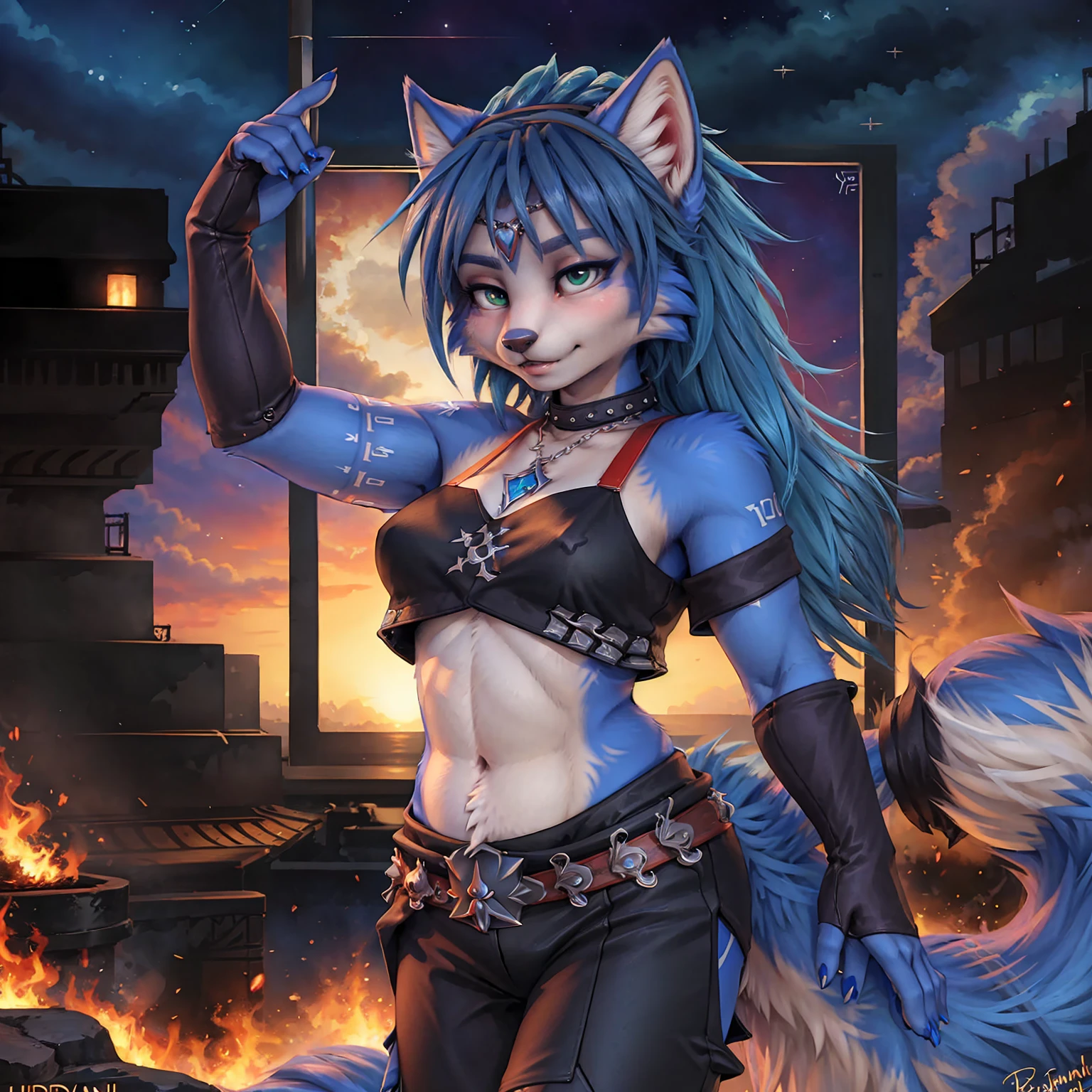 A beautiful and detailed (sweet picture) of ((Krystal)), Star Fox Krystal,  green eyes, medium breasts, (((Long blue hair 1.3))),  anthro, furry, (of Fluff-Kevlar, Bayard Wu, Personalami, Pino Daeni),  detailed fluffy fur, detailed face, (fluffy), 1 girl, alone, Haare bedecken ein Auge:1.4, großes glückliches Lächeln, giving you a thumbs hoch, 