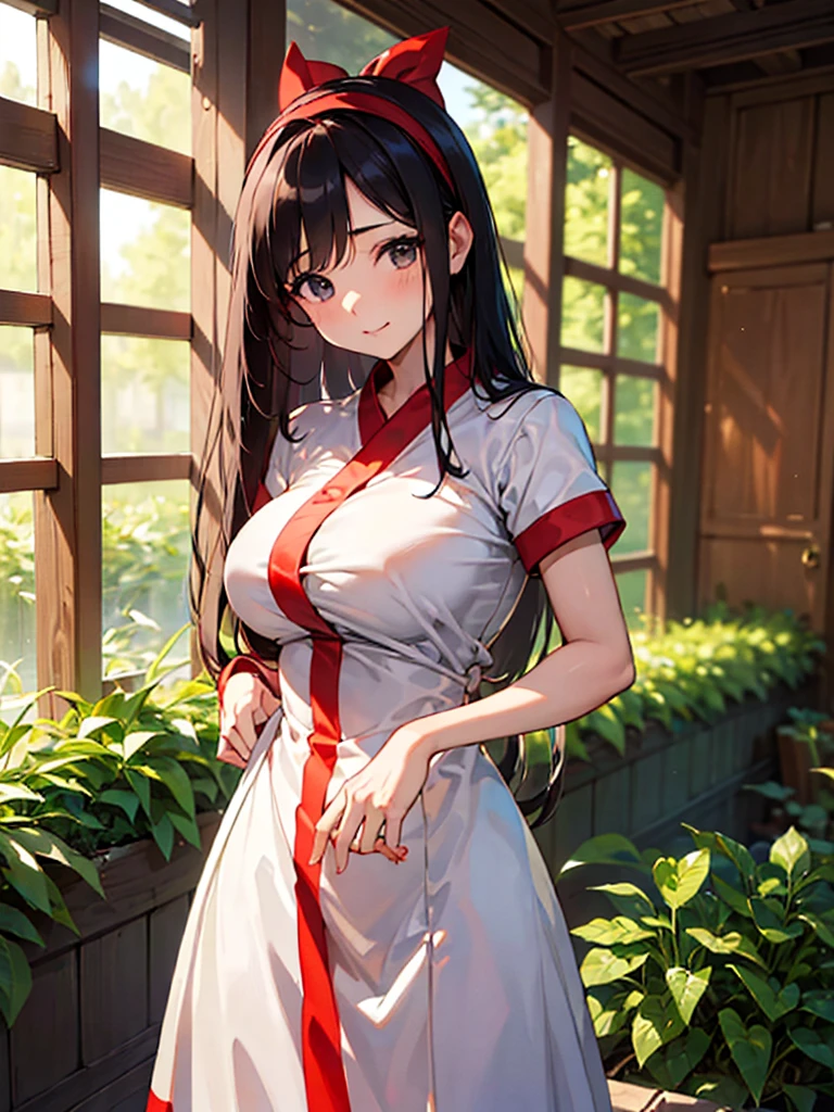 (​masterpiece、top-quality、hight resolution), Create an image of a woman with a pure and innocent appearance, dressed in modest and elegant clothing. She should have an air of sophistication and refinement, with a gentle smile and a calm demeanor. The background can be a tasteful and upscale environment, such as a garden or a well-decorated room, emphasizing her outwardly pure and reputable persona. The image should subtly suggest a hidden, more promiscuous side without being explicit. ((red ribbon, hair band, Lady's dress, Glamorous body)), big tits 