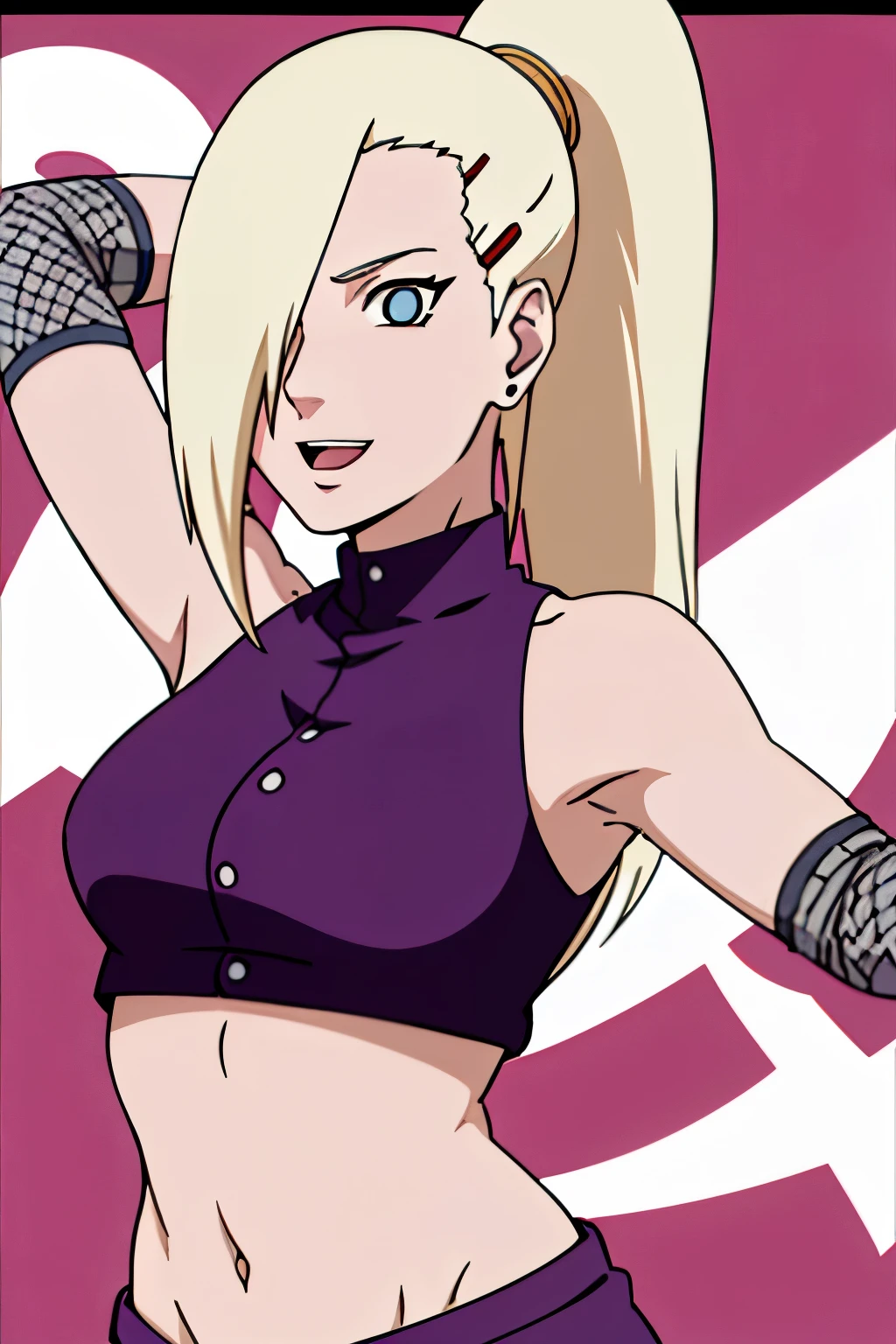(dancing), Ino yamanaka, looking at the viewer, gorgeous, attractive, groin, cowboy shot, ultra detailed face, sunny day, day time, upper body view, anime style, solo, detailed flower field, blonde, (focus on face), ((one eye covered with hair, hair over eye, ponytail)), medium breasts, belly button, looking at the viewer, thick arms, (off-shoulders, wide shoulders, curving body), hidden eye, smile, open mouth, very happy, tall, hair clip, sharp look, sharp face, sharp eye, cold colors,