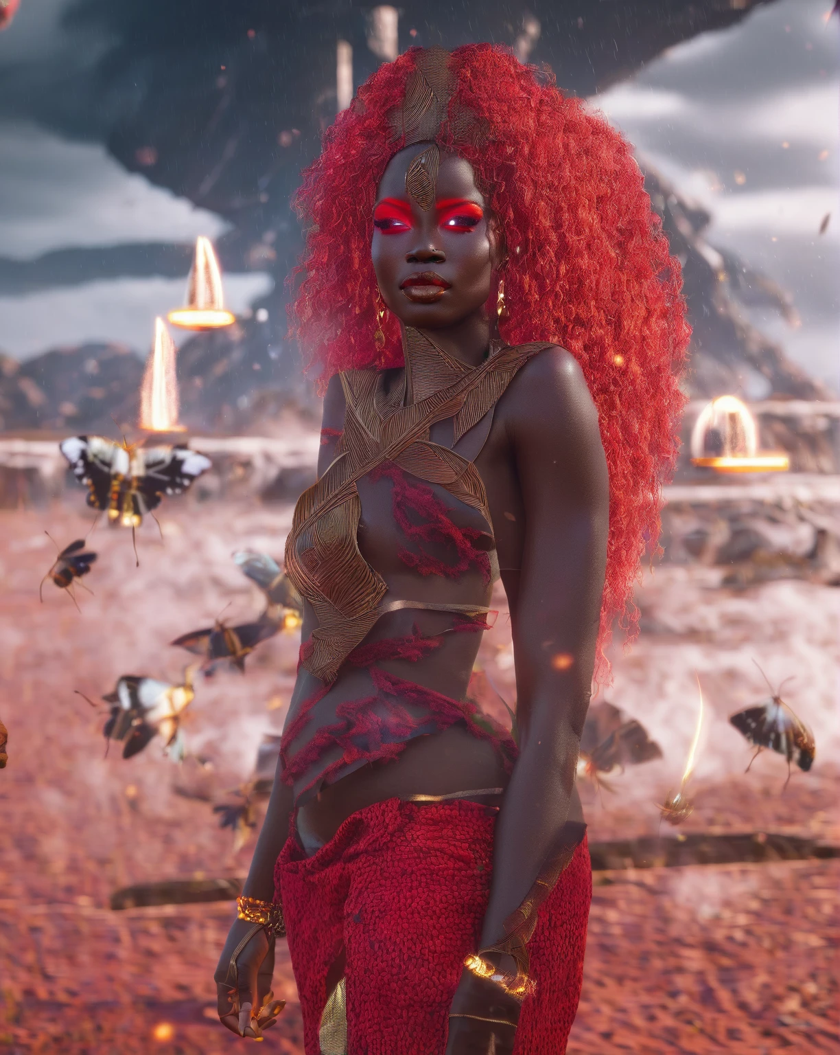 Afrofuturism, an beautiful african goddess wearing red luxury tribal african clothes, goddess of thunder, storm particles, thunder particles, butterfly flying, afrofuturism fashion, ultra quality, 8K, cinematic scene, photorealistic