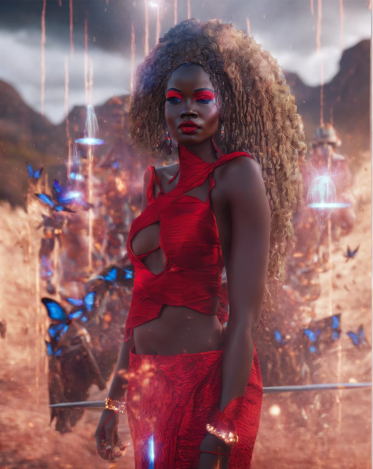 Afrofuturism, an beautiful african goddess wearing red luxury tribal african clothes, goddess of thunder, storm particles, thunder particles, butterfly flying, afrofuturism fashion, ultra quality, 8K, cinematic scene, photorealistic