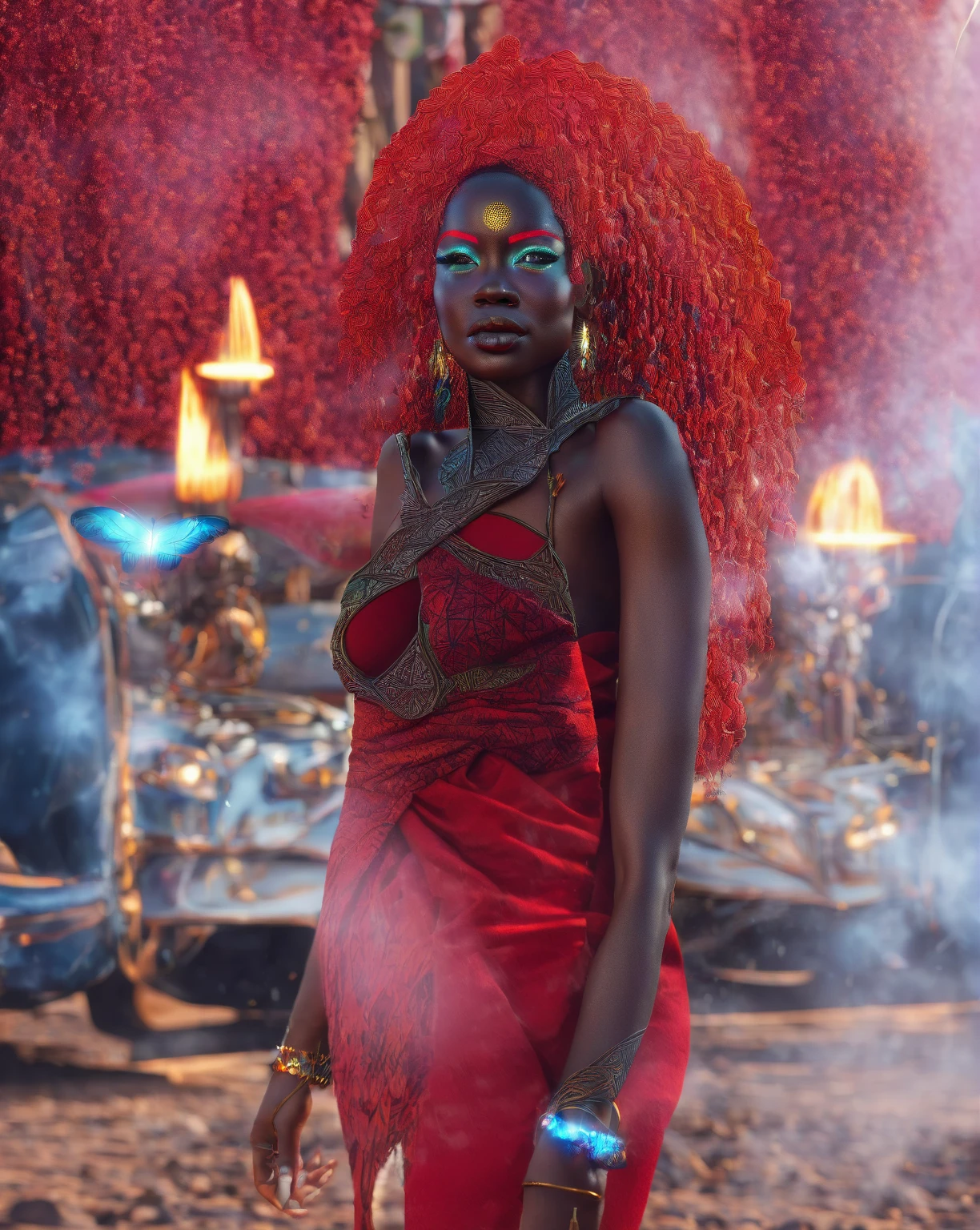 Afrofuturism, an beautiful african goddess wearing red luxury tribal african clothes, goddess of thunder, storm particles, thunder particles, butterfly flying, afrofuturism fashion, ultra quality, 8K, cinematic scene, photorealistic