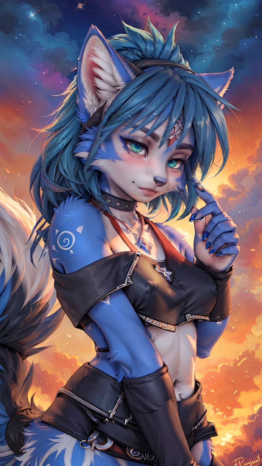 A beautiful and detailed (sweet picture) of ((Krystal)), Star Fox Krystal, green eyes, medium breasts, (((Long blue hair 1.3))), anthro, furry, (of Fluff-Kevlar, Bayard Wu, Personalami, Pino Daeni), detailed fluffy fur, detailed face, (fluffy), 1 girl, alone, Haare bedecken ein Auge:1.4, großes glückliches Lächeln, giving you a thumbs hoch,
