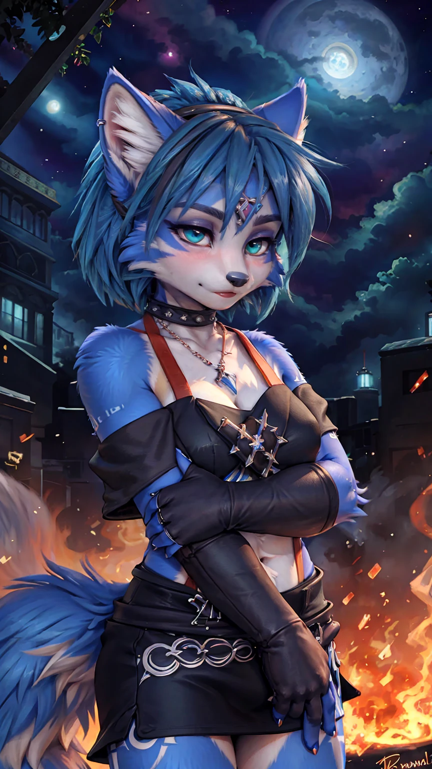 A beautiful and detailed (sweet picture) of ((Krystal)), Star Fox Krystal,  green eyes, medium breasts, (((Long blue hair 1.3))),  anthro, furry, (of Fluff-Kevlar, Bayard Wu, Personalami, Pino Daeni),  detailed fluffy fur, detailed face, (fluffy), 1 girl, alone, Haare bedecken ein Auge:1.4, großes glückliches Lächeln, giving you a thumbs hoch, 