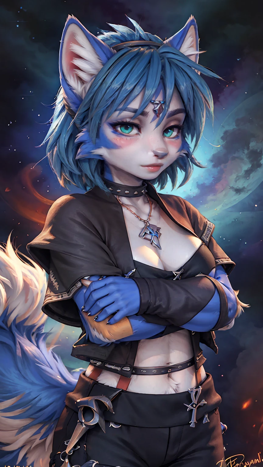 A beautiful and detailed (sweet picture) of ((Krystal)), Star Fox Krystal,  green eyes, medium breasts, (((Long blue hair 1.3))),  anthro, furry, (of Fluff-Kevlar, Bayard Wu, Personalami, Pino Daeni),  detailed fluffy fur, detailed face, (fluffy), 1 girl, alone, Haare bedecken ein Auge:1.4, großes glückliches Lächeln, giving you a thumbs hoch, 