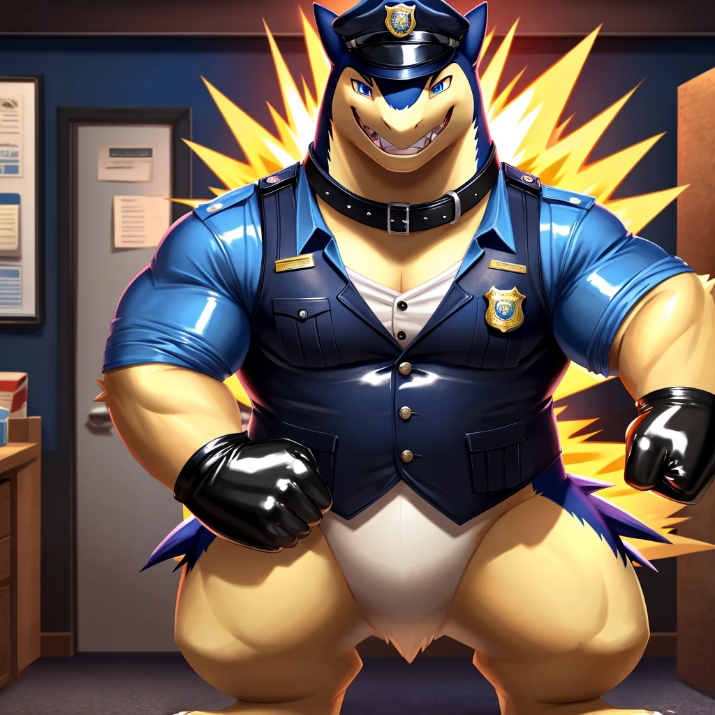 Solo, Male, muscular, gentleman, dapper Typhlosion with biceps, blue eyes, (soft shading), 4k, hi res, ((detailed face, detailed)), looking at viewer, evil grin, police station, collared shirt with buttons, hat, male focus, Police Uniform, glasses, monocle, vest with buttons, sleeves rolled up, round eyewear, headwear, vest, Typhlosion is wearing a glossy leather dog collar around the neck, Typhlosion is wearing the leather collar and shirt and vest at the same time, Typhlosion is wearing glossy white rubber gloves on the hands, wearing white rubber gloves on the feet, gloves are rubber in texture, clenching teeth, clenching fists, leather collar is glossy and shiny with a lot of detail, Typhlosion is wearing gloves and leather collar at the same time, leather collar has a round dog-tag, leather collar is thick and detailed, white rubber gloves on the feet.