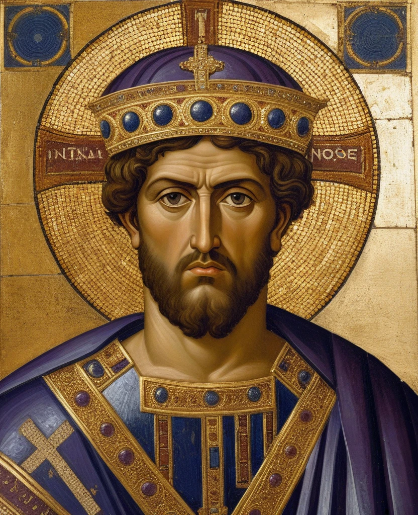 ((best quality)), ((work of art)), (detailed), Byzantine Emperor, (Justinian I), historical photo, meticulously detailed, majestic pose, iconic portrait, 6th century, Greek-Slavic ethnicity, fair and detailed skin, Roman Emperor, identical face, short curly hair, well-trimmed beard, serious and authoritative expression, large and expressive eyes, strong and defined facial features, straight nose, thin lips, wearing a gold crown adorned with jewels, rich purple tunic with golden details, white mantle with blue crosses, golden background with Byzantine patterns, Byzantine mosaic style, golden halo around the head, symbols of imperial authority and power.