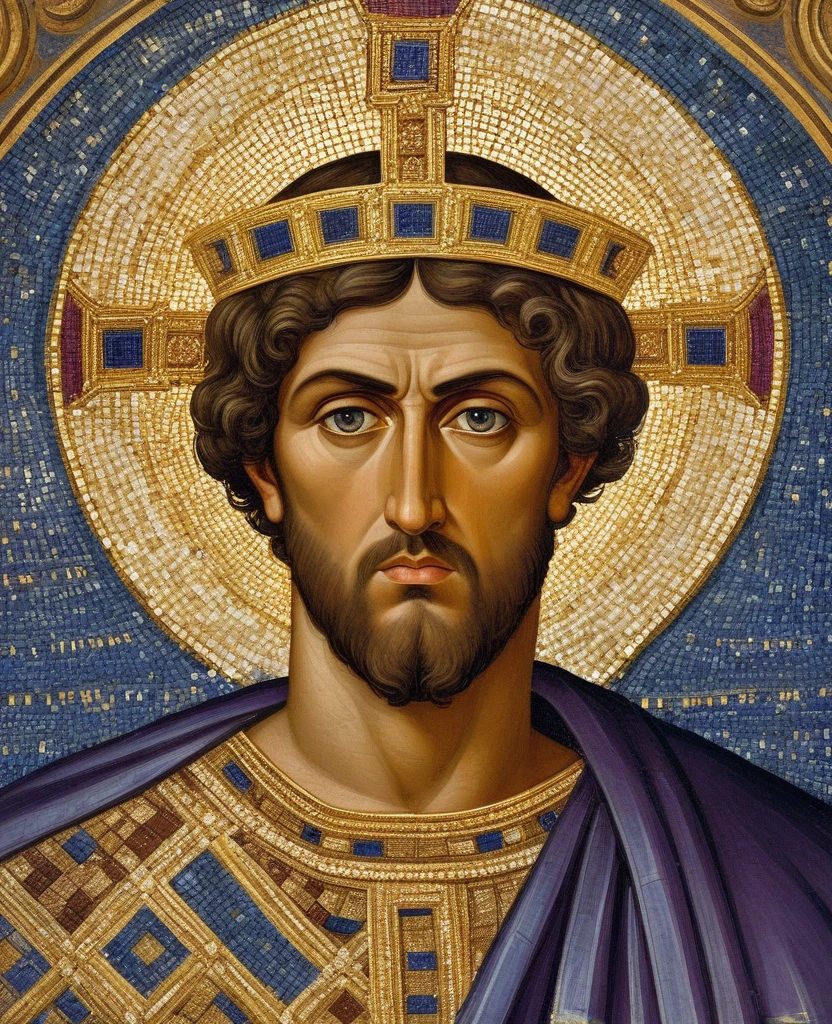 ((best quality)), ((work of art)), (detailed), Byzantine Emperor, (Justinian I), historical photo, meticulously detailed, majestic pose, iconic portrait, 6th century, Greek-Slavic ethnicity, fair and detailed skin, Roman Emperor, identical face, short curly hair, well-trimmed beard, serious and authoritative expression, large and expressive eyes, strong and defined facial features, straight nose, thin lips, wearing a gold crown adorned with jewels, rich purple tunic with golden details, white mantle with blue crosses, golden background with Byzantine patterns, Byzantine mosaic style, golden halo around the head, symbols of imperial authority and power.