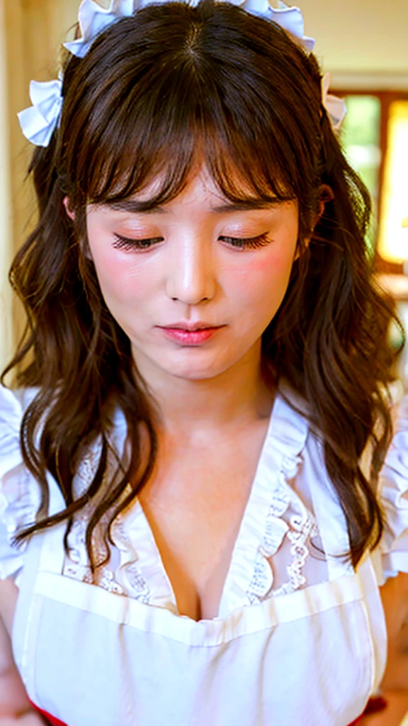 (8K photo quality、Ultra high definition、masterpiece, highest quality),1 girl, 20-year-old girl、solo, ((whole body))、Mini apron、(((White ruffled maid apron)))、((The apron is made of lace fabric))、kitchen、(((Close your eyes, look up a little, and make a kissing face.)))、Kiss welcomes photographers with open arms、big breast, (((long wavy hair, side bang, showing forehead)))