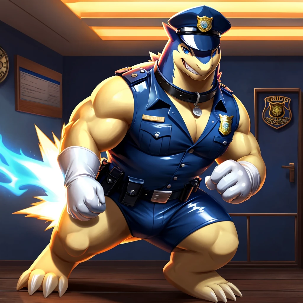 Solo, Male, fat, squatting, extremely obese, gentleman, dapper Typhlosion, pooping in diaper, blue eyes, (soft shading), 4k, hi res, ((detailed face, detailed)), looking at viewer, evil grin, police station, collared shirt with buttons, hat, male focus, Police Uniform, glasses, monocle, vest with buttons, sleeves rolled up, round eyewear, headwear, vest, Typhlosion is wearing a glossy leather dog collar around the neck, Typhlosion is wearing the leather collar and shirt and vest at the same time, Typhlosion is wearing glossy light-blue rubber gloves on the hands, wearing light-blue rubber gloves on the feet, gloves are rubber in texture, mouth wide open, evil laugh, clenching fists, leather collar is glossy and shiny with a lot of detail, Typhlosion is wearing gloves and leather collar at the same time, leather collar has a round dog-tag, leather collar is thick and detailed, light-blue rubber gloves on the feet, Typhlosion is wearing gloves and leather collar at the same time, leather collar has a round dog-tag, leather collar is thick and detailed, leather collar is glossy and shiny, fancy clothing, dapper vest, dapper shirt, leather collar is thick, glossy leather collar, Typhlosion is wearing a dirty diaper