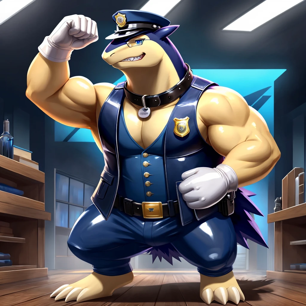 Solo, Male, muscular, gentleman, dapper Typhlosion with biceps, blue eyes, (soft shading), 4k, hi res, ((detailed face, detailed)), looking at viewer, evil grin, police station, collared shirt with buttons, hat, male focus, Police Uniform, glasses, monocle, vest with buttons, sleeves rolled up, round eyewear, headwear, vest, Typhlosion is wearing a glossy leather dog collar around the neck, Typhlosion is wearing the leather collar and shirt and vest at the same time, Typhlosion is wearing glossy white rubber gloves on the hands, wearing white rubber gloves on the feet, gloves are rubber in texture, clenching teeth, clenching fists, leather collar is glossy and shiny with a lot of detail, Typhlosion is wearing gloves and leather collar at the same time, leather collar has a round dog-tag, leather collar is thick and detailed, white rubber gloves on the feet.