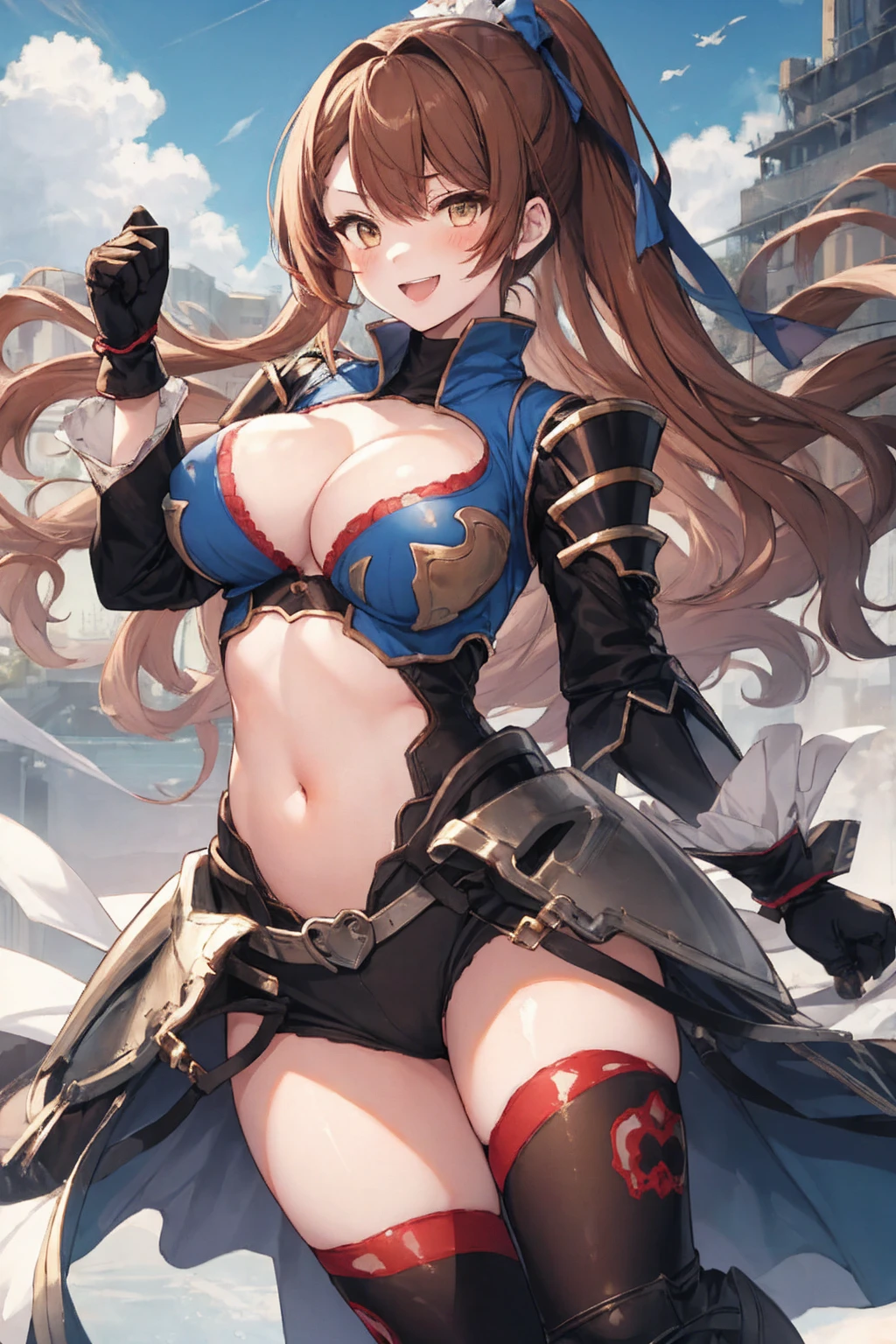 masterpiece, best quality, 1teen_girl,def,beatrix, ponytail, hair ribbon, gauntlets, blue shirt, gloves, cleavage cutout, looking at viewer, big_smile, large breasts, sky ,,happy,covered_nipples,young_,full_of_beans,,laugh,blush,open_mouth,thigh-highs, glower,open_legs,rise_knee,(angry:0.8)