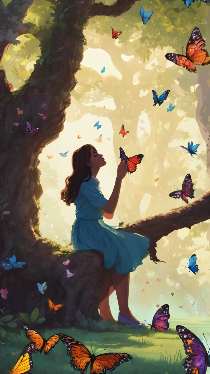 Butterflies around a tree with a person setting underneath the tree drinking a icy cola