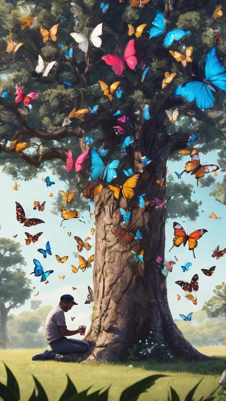 Butterflies around a tree with a person setting underneath the tree drinking a icy cola
