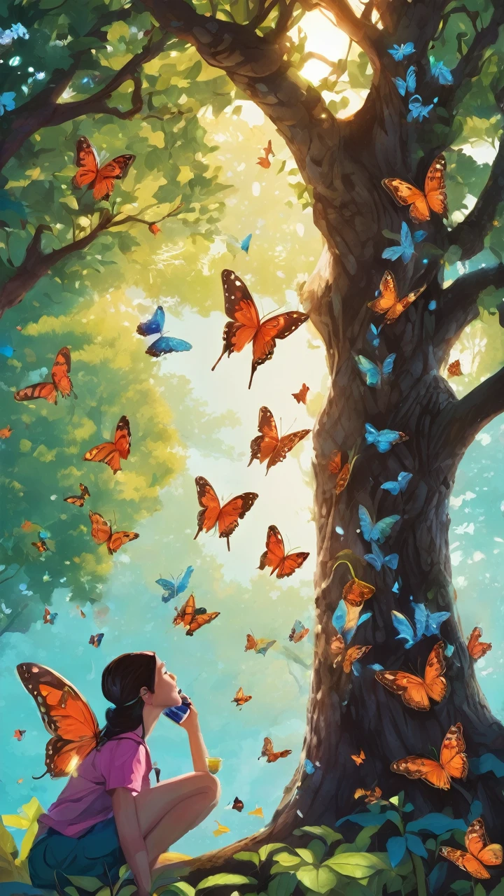 Butterflies around a tree with a person setting underneath the tree drinking a icy cola
